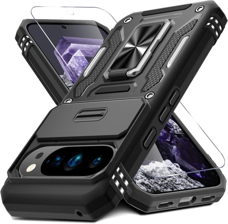 DEERLAMN Case for Google Pixel 10 Pro XL with Slide Camera Cover+Screen Protector(1 Pack), Rotated Ring Kickstand Military Grade Shockproof Protective Cover-Black - Image 1